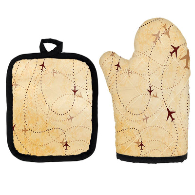 Vintage Travelling with Aircraft Kitchen Glove & Holder aviation design on durable fabric with insulated lining kitchen glove.