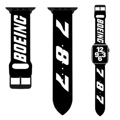 Side view of Boeing 787 Flat Text aviation Apple Watch band in soft silicone, polished finish.