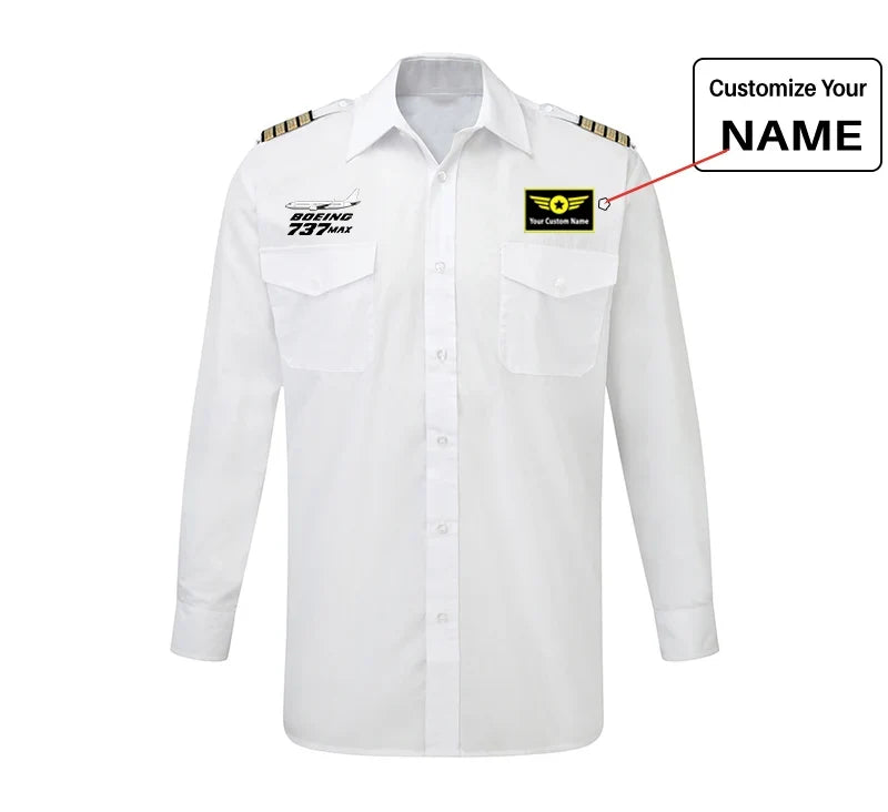 The Boeing 737Max aviation design printed on crisp poplin cotton long-sleeve pilot shirt.