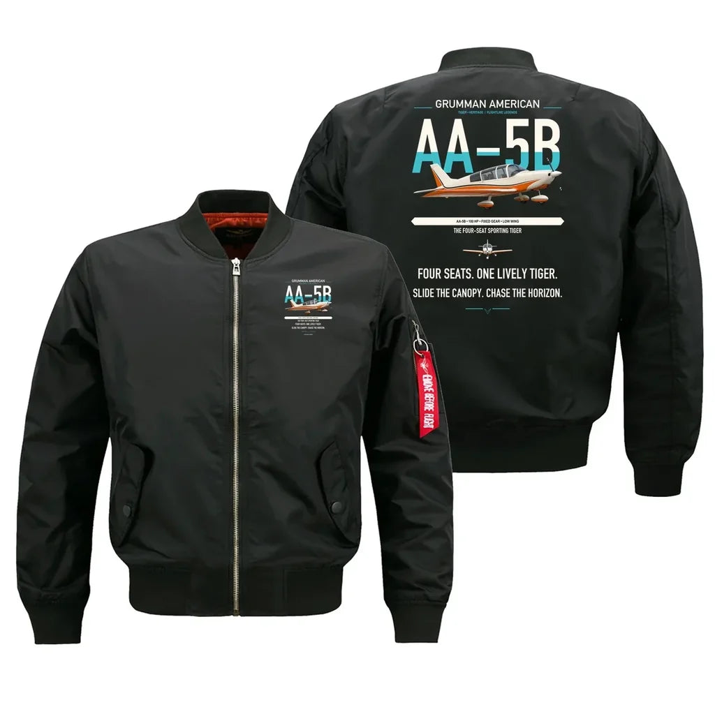 Grumman American AA-5B Tiger design on black bomber jacket, double-side print
