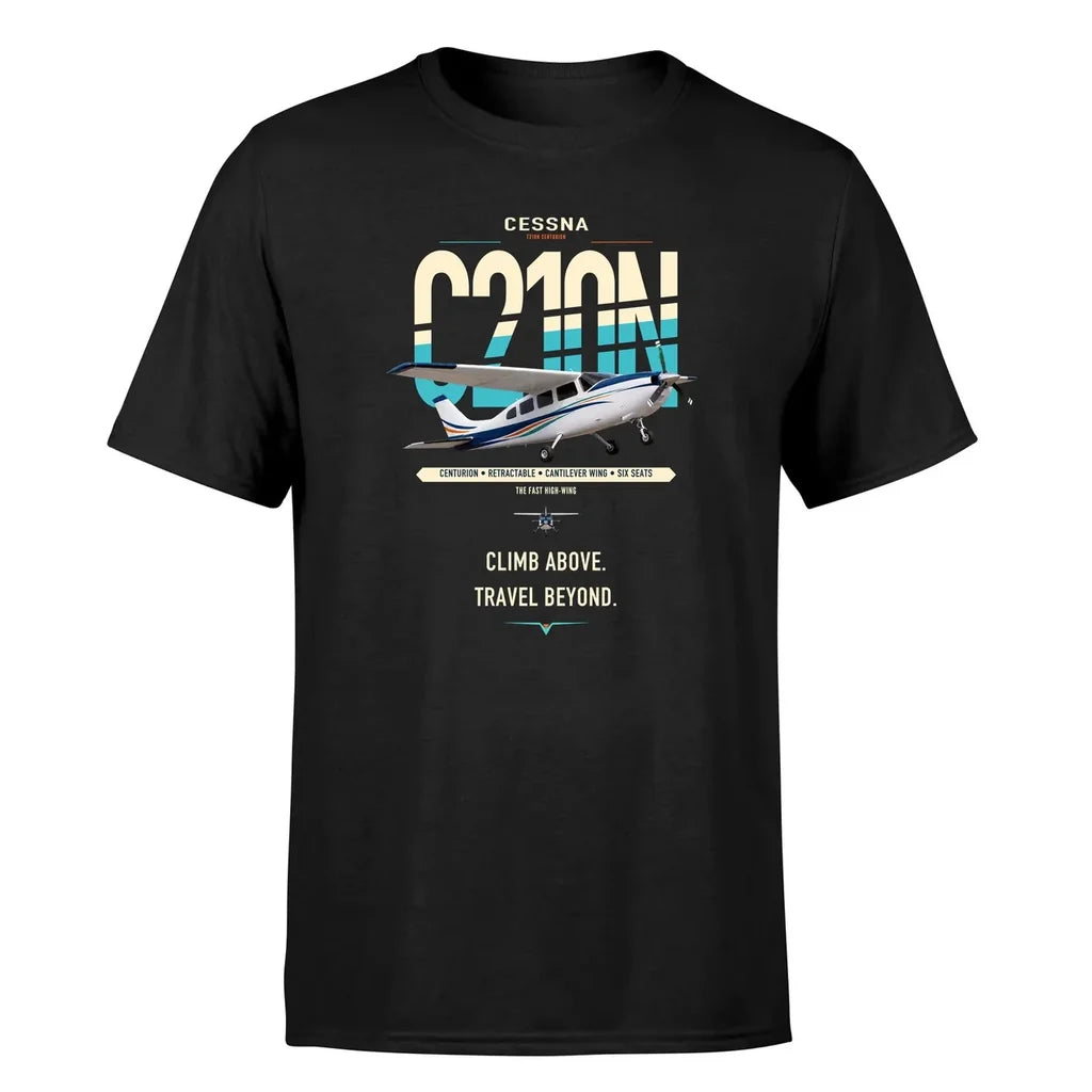 Cessna T210N Centurion design on black t-shirt, single-side print
