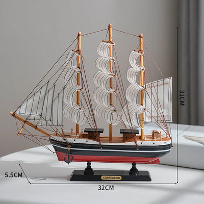 Side view of Black and Red Nautical Wooden Sailboat Model Ornament aviation model ship in diecast metal or wood with detailed.