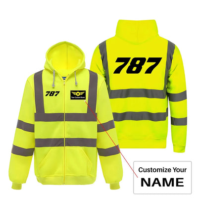 Boeing 787 Flat Text aviation design on cotton blend with reflective panels reflective zipped hoodie.