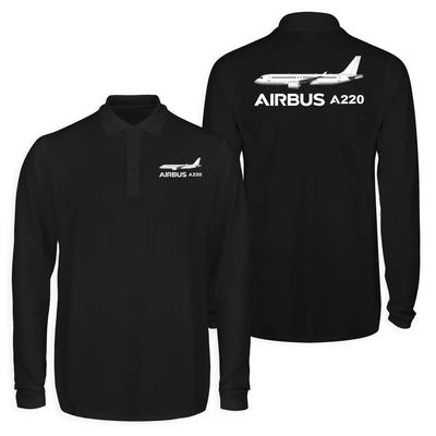The Airbus A220 Long Sleeve Polo T-Shirts (Double-Side) aviation design printed on soft cotton long-sleeve double-side polo.