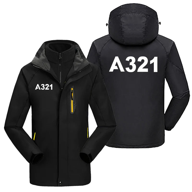 Airbus A321 Flat Text aviation design printed on heavyweight insulated shell with snow cuffs thick ski jacket.