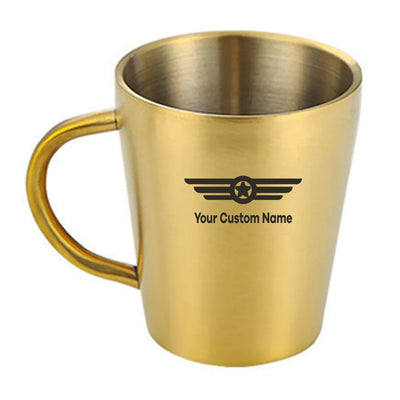 Custom Name (Badge 6) aviation design on stainless coffee mug, durable stainless steel construction.