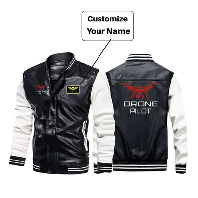 Drone aviation design printed on genuine leather with modern tailored fit stylish leather jacket.
