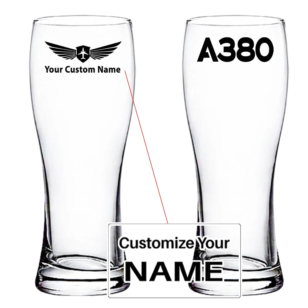 Airbus A380 Flat Text aviation design on pilsner glass, tall pilsner glassware.