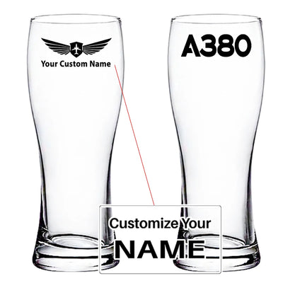Airbus A380 Flat Text aviation design on pilsner glass, tall pilsner glassware.
