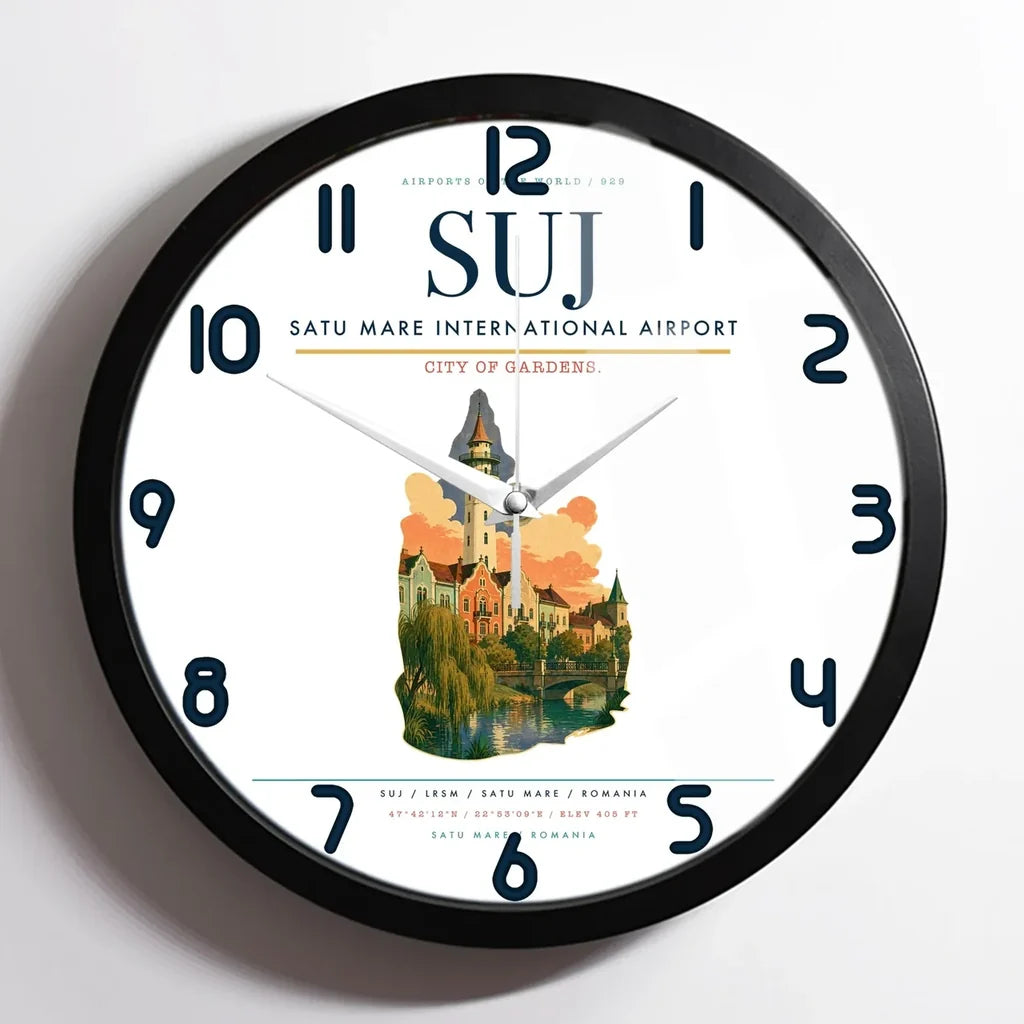 Satu Mare International Airport (SUJ) design on white framed wall clock