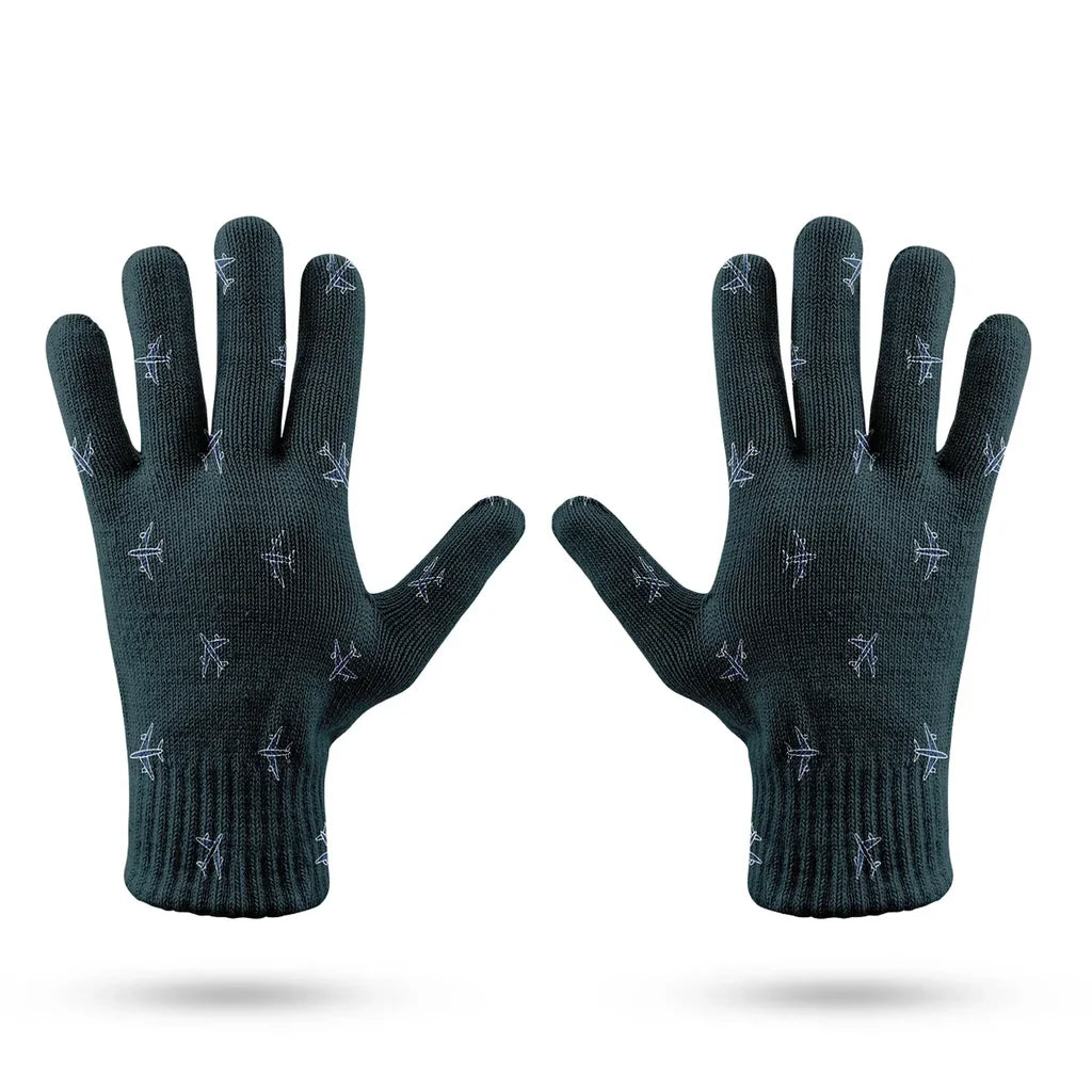 Nice Airplanes (Green) aviation design on soft knit fabric gloves.