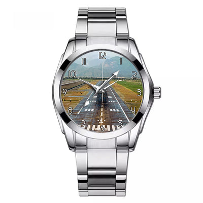 Side view of Amazing Mountain View & Runway aviation watch with stainless steel band in stainless steel, polished finish.