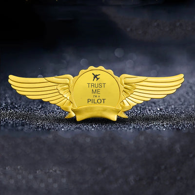 Trust Me I'm a Pilot 2 aviation badge in polished metal.