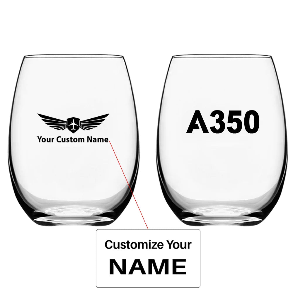 Airbus A350 Flat Text Water & Drink aviation design on water glass, crystal-clear premium glassware.