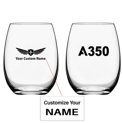 Airbus A350 Flat Text Water & Drink aviation design on water glass, crystal-clear premium glassware.