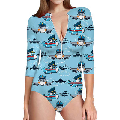 Cartoon & Funny Airplanes aviation design on stretch swim fabric deep-V swim bodysuit.
