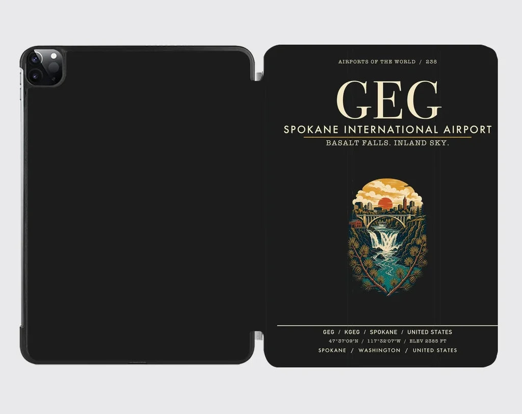 Spokane International Airport (GEG) design on black ipad tablet case