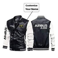 Thumbnail for Airbus A350 & Text aviation design printed on genuine leather with modern tailored fit stylish leather jacket.