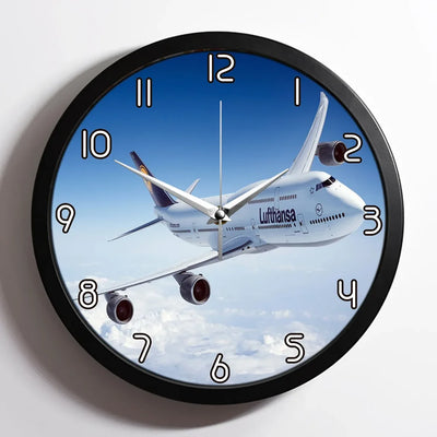 Cruising Lufthansa's Boeing 747 aviation design on premium wood and metal wall clock.