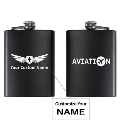 Aviation design on stainless hip flask, compact pocket-size flask.