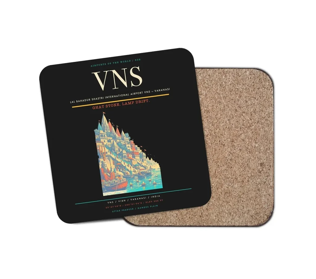 Lal Bahadur Shastri International Airport (VNS) design on black 1 piece coaster