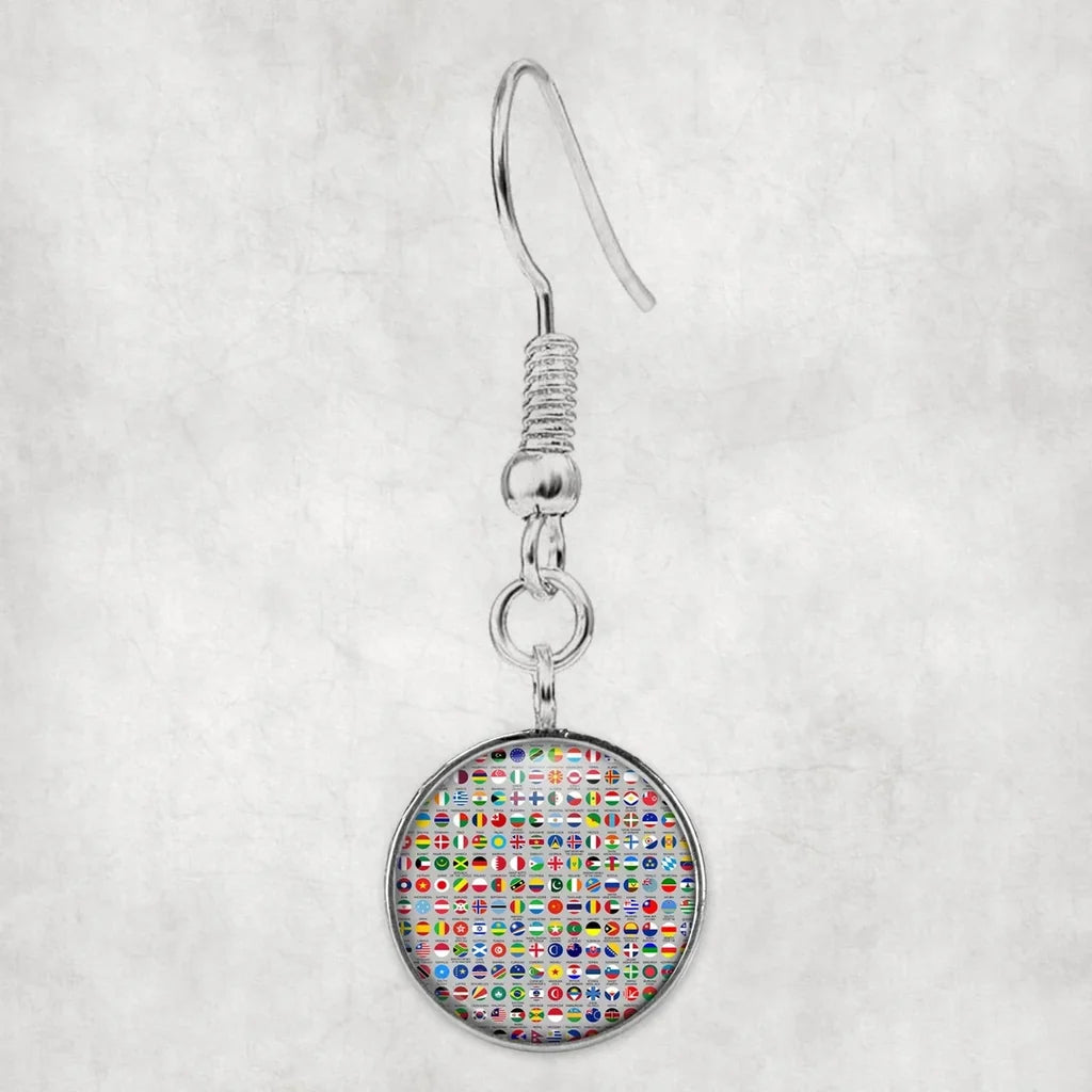 Side view of 220 World's Flags aviation earrings in hypoallergenic alloy, polished finish.