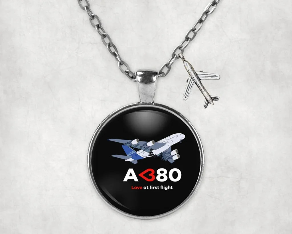 Airbus A380 Love at first flight aviation-themed necklace, polished stainless steel.