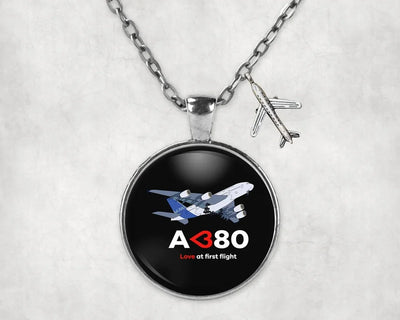 Airbus A380 Love at first flight aviation-themed necklace, polished stainless steel.