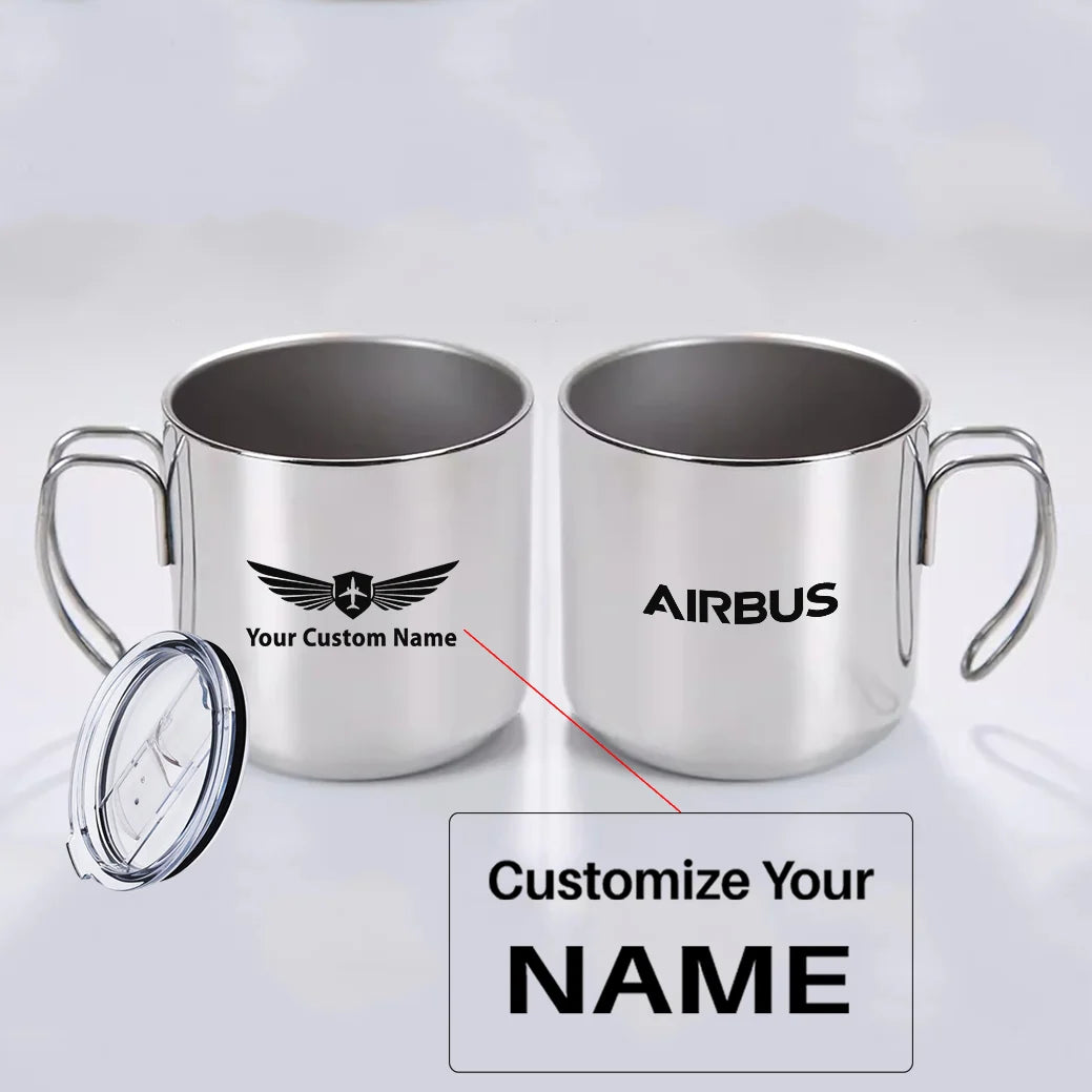 Airbus & Text aviation design on portable mug, vacuum-insulated double-wall.