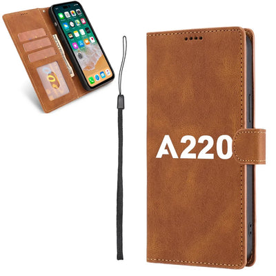 Airbus A220 Flat Text aviation print leather phone case, fits phone.