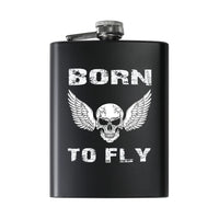 Thumbnail for Born To Fly SKELETON aviation design on stainless hip flask, compact pocket-size flask.