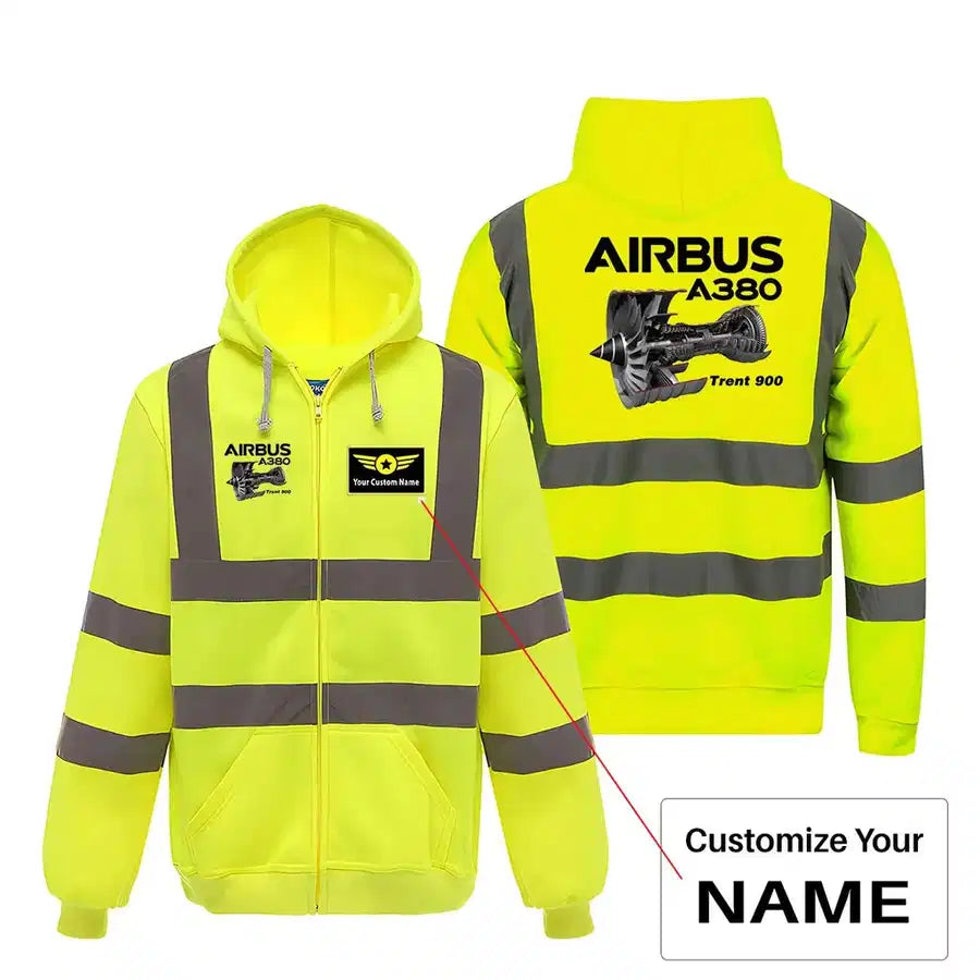 Airbus A380 & Trent 900 Engine aviation design on cotton blend with reflective panels reflective zipped hoodie.