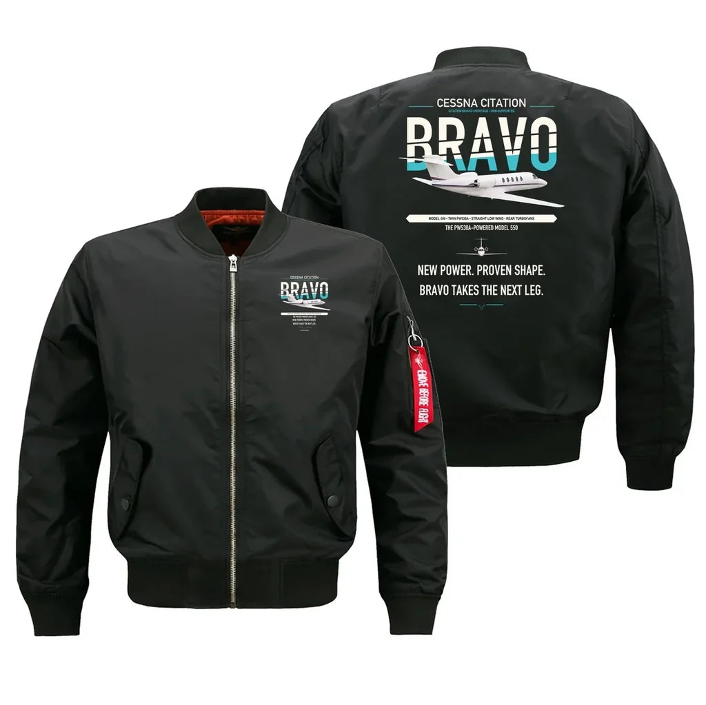 Cessna Citation Bravo design on black bomber jacket, double-side print