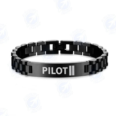 Side view of Pilot & Stripes (2 Lines) aviation chain bracelet in stainless steel, polished finish.