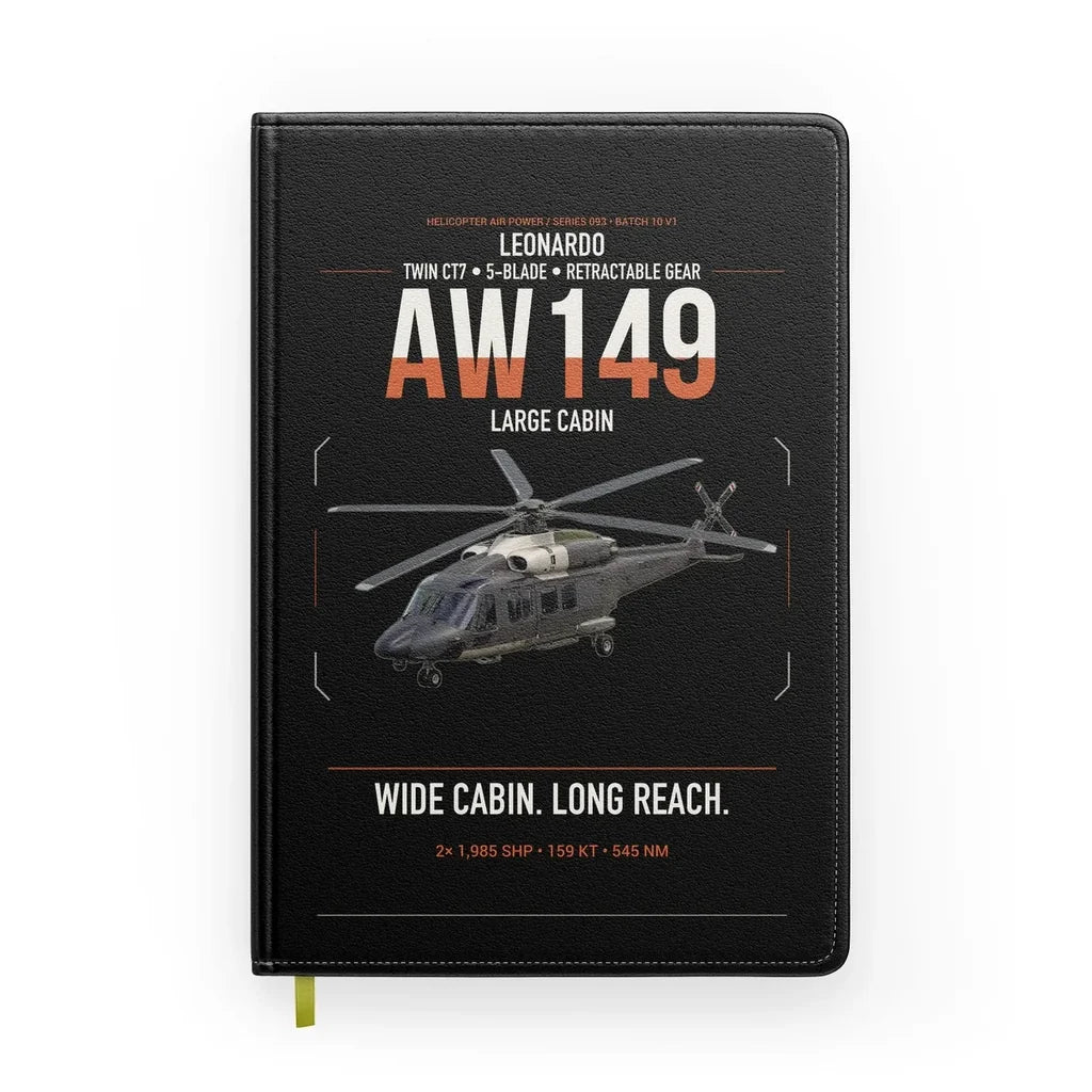 Leonardo AW149 design on black notebook