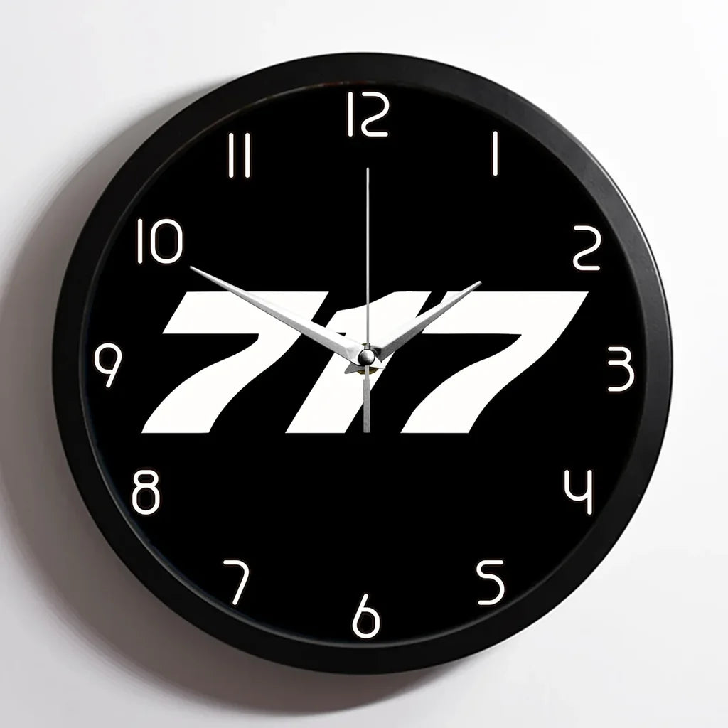 Boeing 717 Flat Text aviation design on premium wood and metal wall clock.
