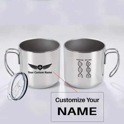 Aviation DNA aviation design on portable mug, vacuum-insulated double-wall.