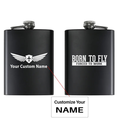 Born To Fly Forced To Work aviation design on stainless hip flask, compact pocket-size flask.