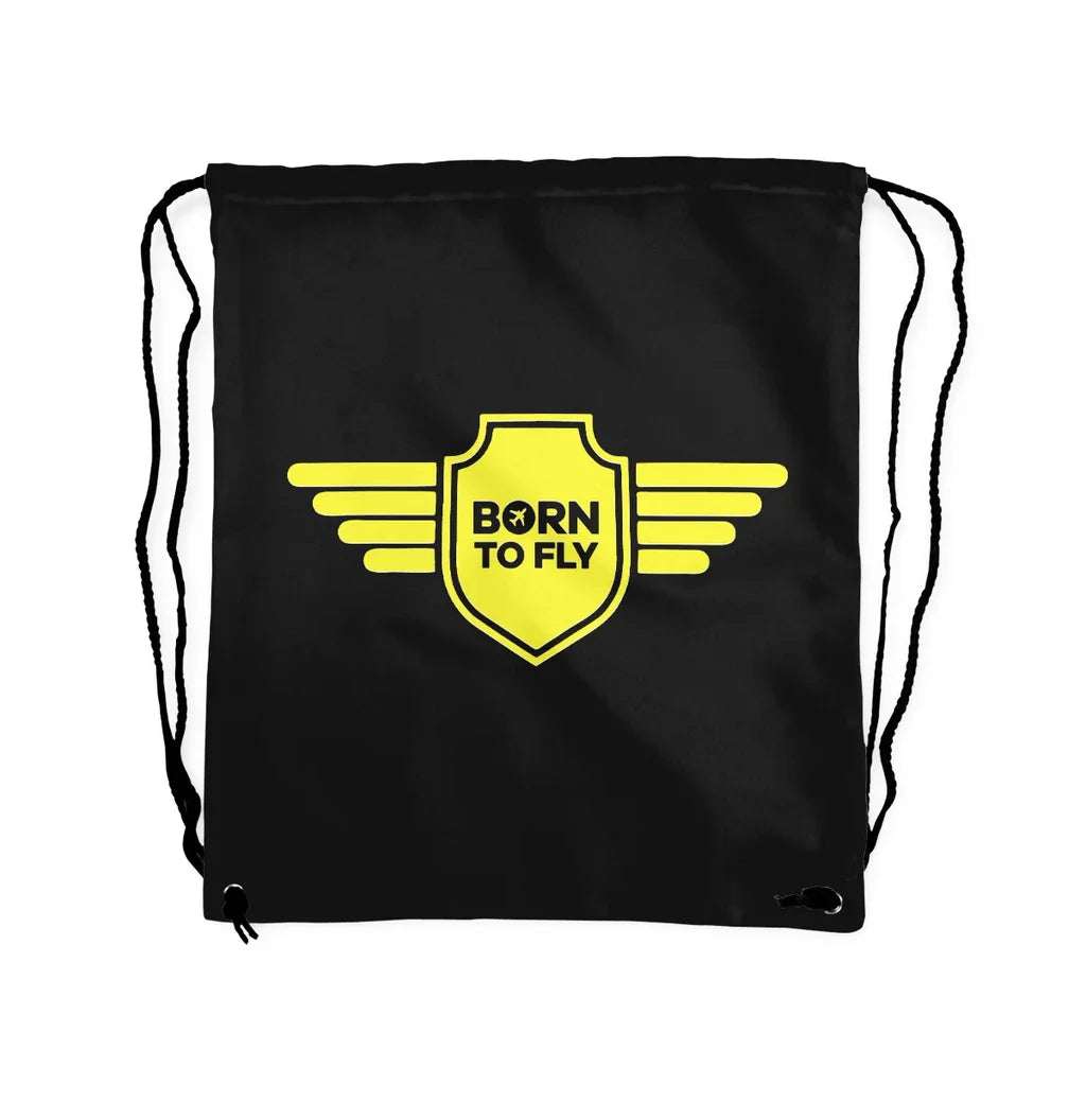 Born To Fly & Badge aviation design drawstring bag, lightweight polyester construction.
