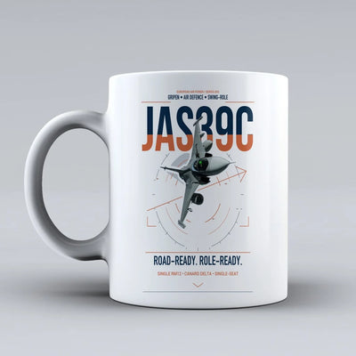 Saab JAS 39C Gripen design on white ceramic mug, double-side print