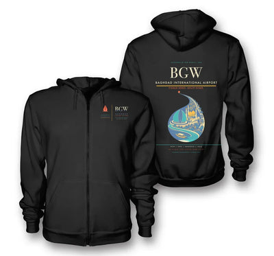 Baghdad Airport (BGW) design on black premium zipped hoodie