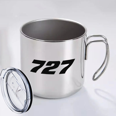 Boeing 727 Flat Text aviation design on portable mug, vacuum-insulated double-wall.