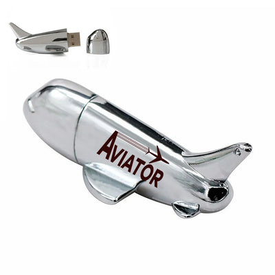 Aviator aviation design on durable metal casing airplane-shape USB drive.