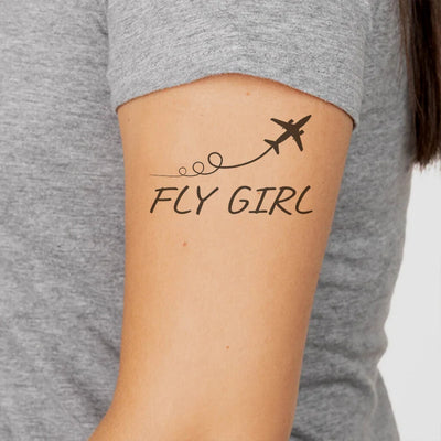 Just Fly It & Fly Girl aviation temporary tattoo in skin-safe adhesive paper.