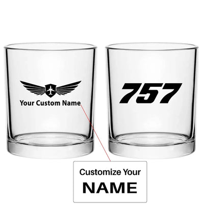 Boeing 757 Flat Text aviation design on whiskey glass, special-edition crystal cut.