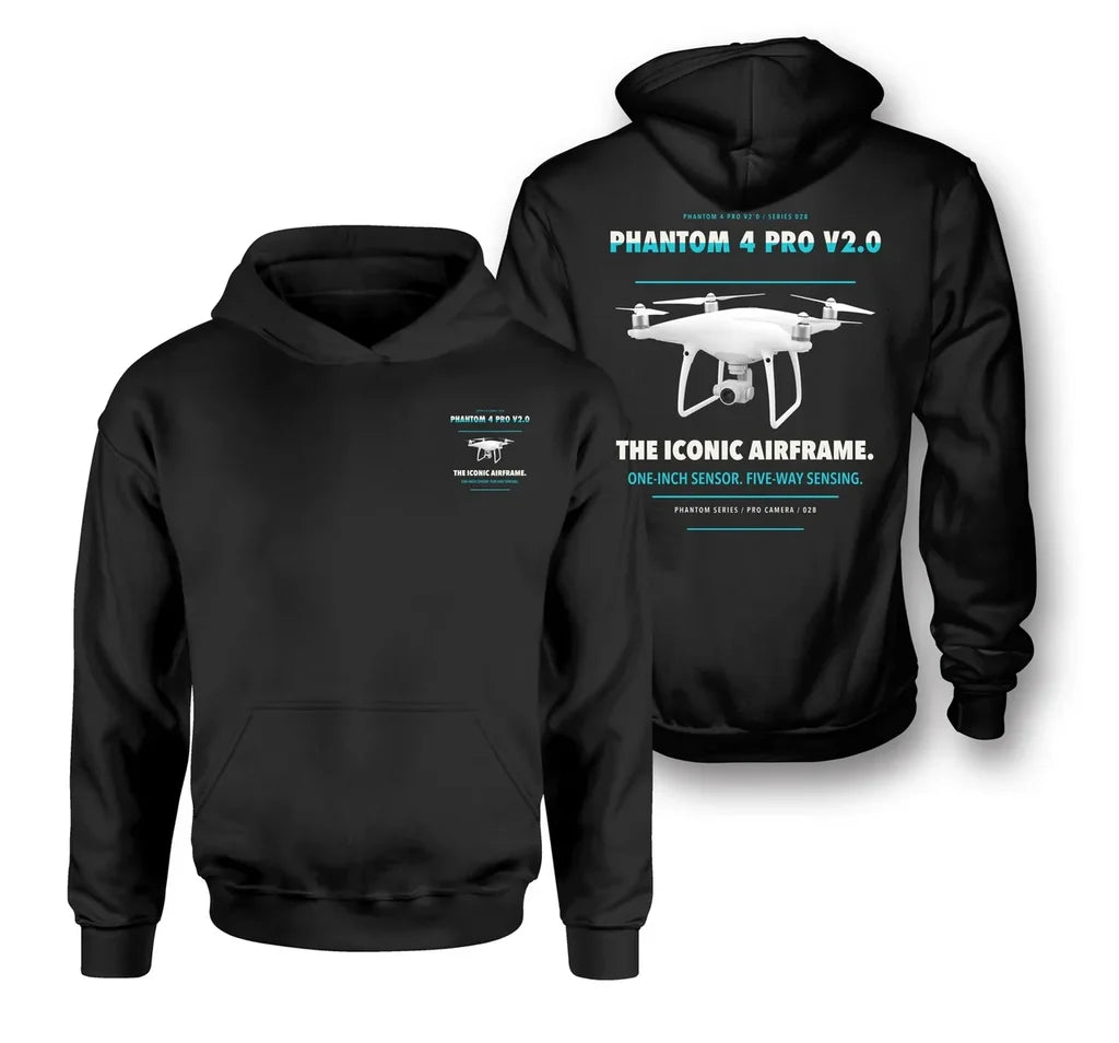 DJI Phantom 4 Pro V2.0 design on black hoodie