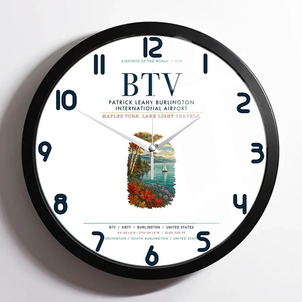 Patrick Leahy Burlington International Airport (BTV) design on white framed wall clock