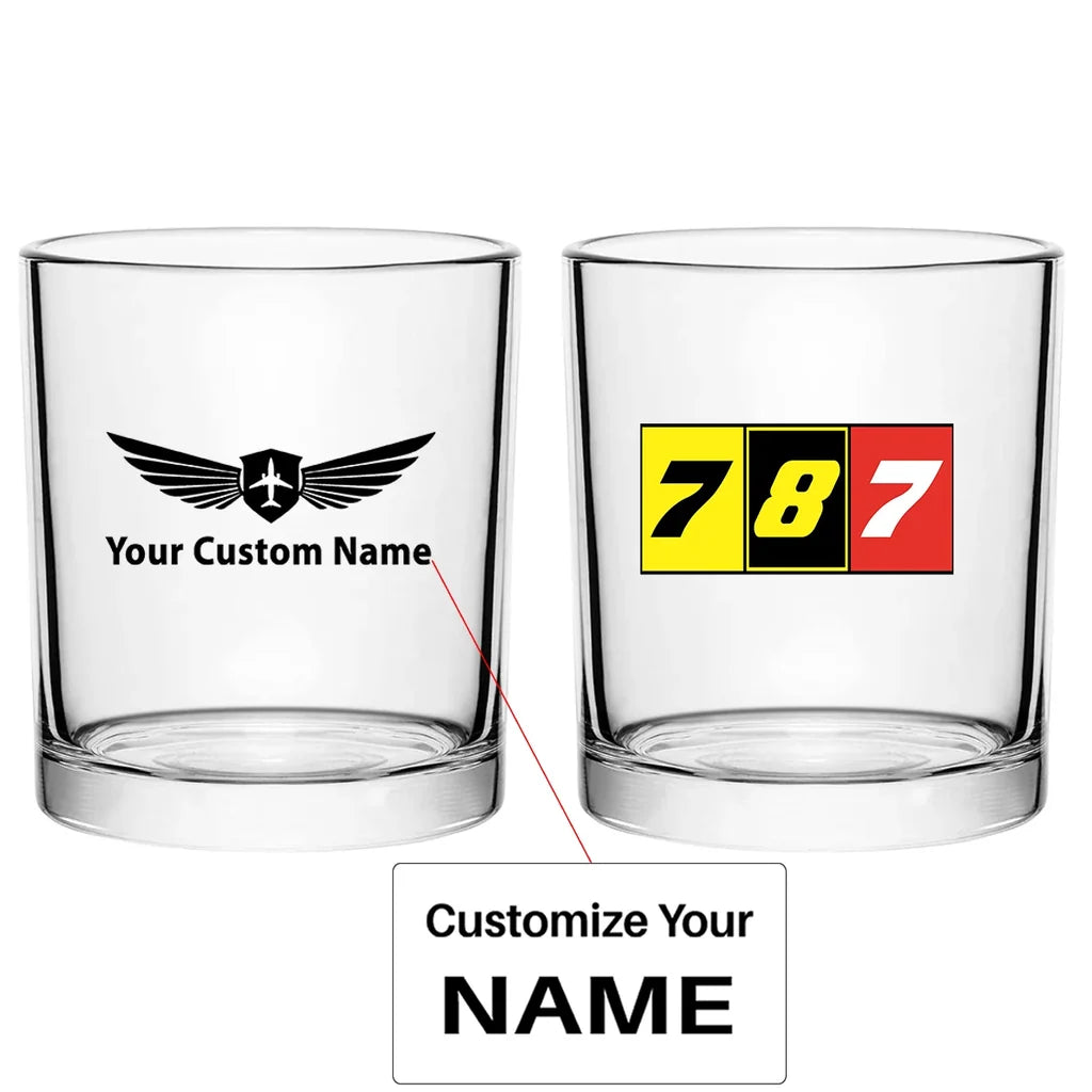 Flat Colourful 787 aviation design on whiskey glass, special-edition crystal cut.