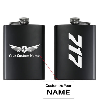 Boeing 717 Text aviation design on stainless hip flask, compact pocket-size flask.