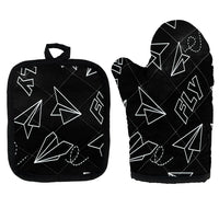 Thumbnail for Paper Airplane & Fly Black Kitchen Glove & Holder aviation design on durable fabric with insulated lining kitchen glove holder.